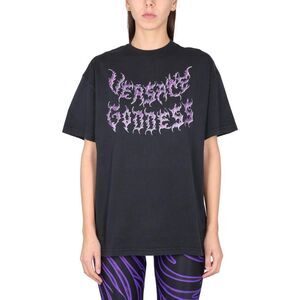 VERSACE Graphic Print Cotton T-Shirt Women BLACK T-Shirts & Tops